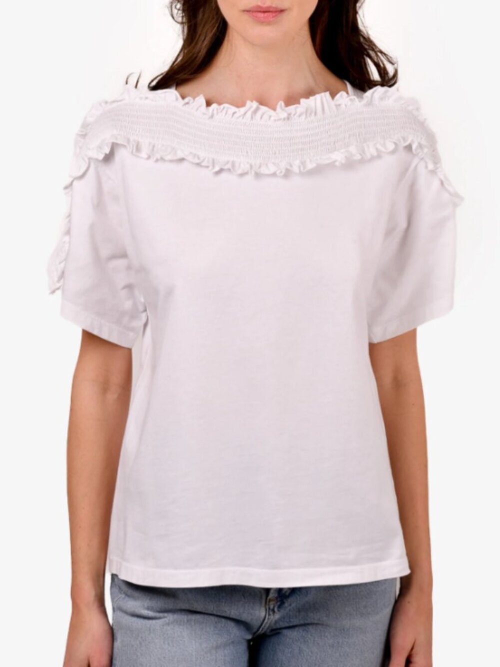 NWOT SEE BY CHLOE White Smocked Ruffle 100% Cotton T-Shirt Top S